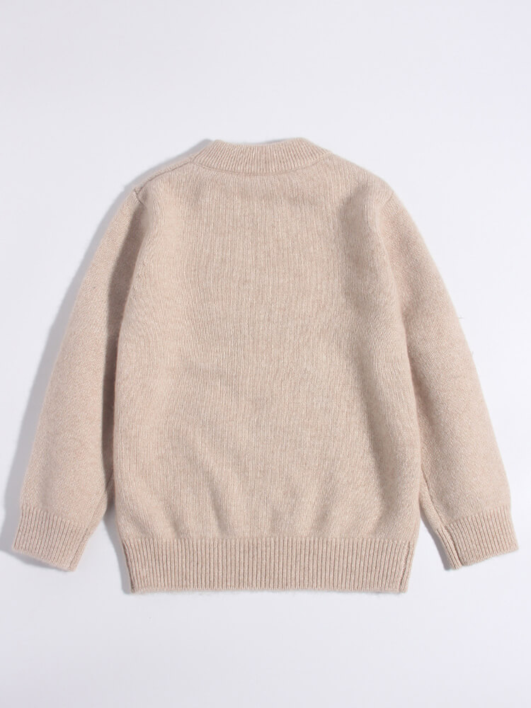 Kids Funny Cartoon Cat and Fish Beige Cashmere Crewneck Sweater